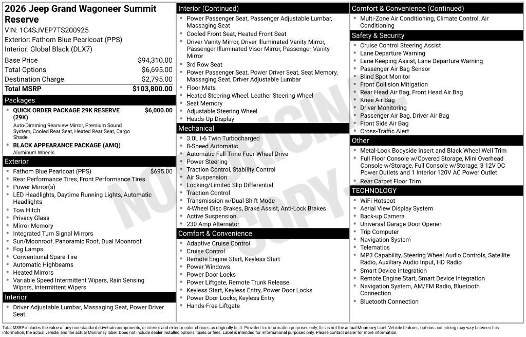2026 Jeep Grand Wagoneer GRAND WAGONEER SUMMIT RESERVE 4X4